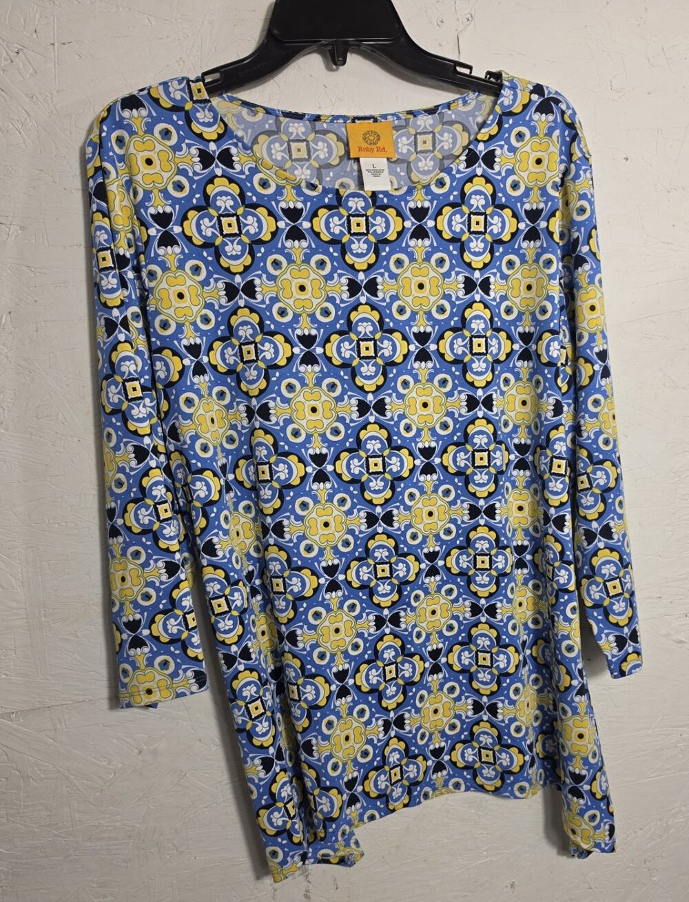 Ruby Rd Blouse Top Geometric Blue 3/4 Sleeves Suze LARGE